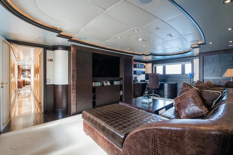 Aquamarina Yacht Photos Pics Luxurious interior of 2007 ISA Isa 470 yacht with leather seating and modern decor.