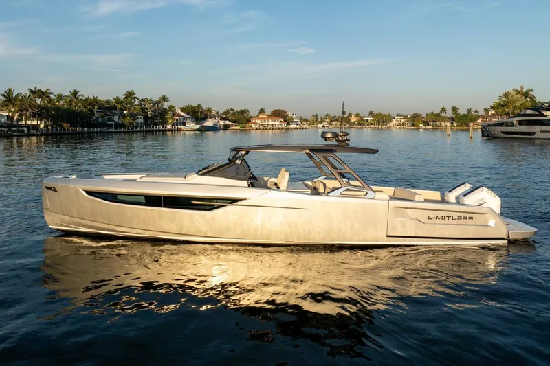  Yacht Photos Pics Luxury Limitless Seas XLV 45 yacht cruising on a serene waterway, 2023 model.