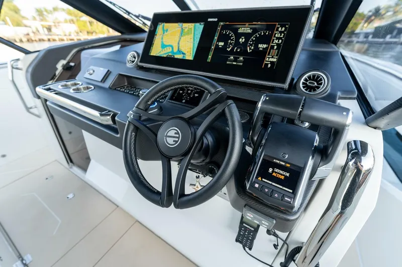  Yacht Photos Pics Cockpit of 2023 Limitless Seas XLV 45 yacht with advanced navigation controls.