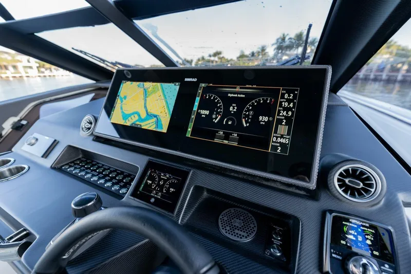  Yacht Photos Pics Cockpit of 2023 Limitless Seas XLV 45 yacht with navigation and control displays.