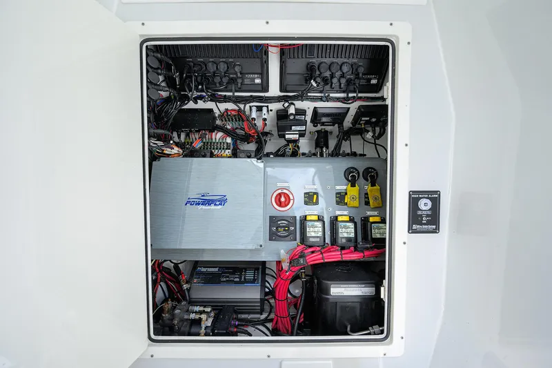 Yacht Photos Pics 2023 Powerplay Powerboats 30 RumRunner electrical system with wiring and components.