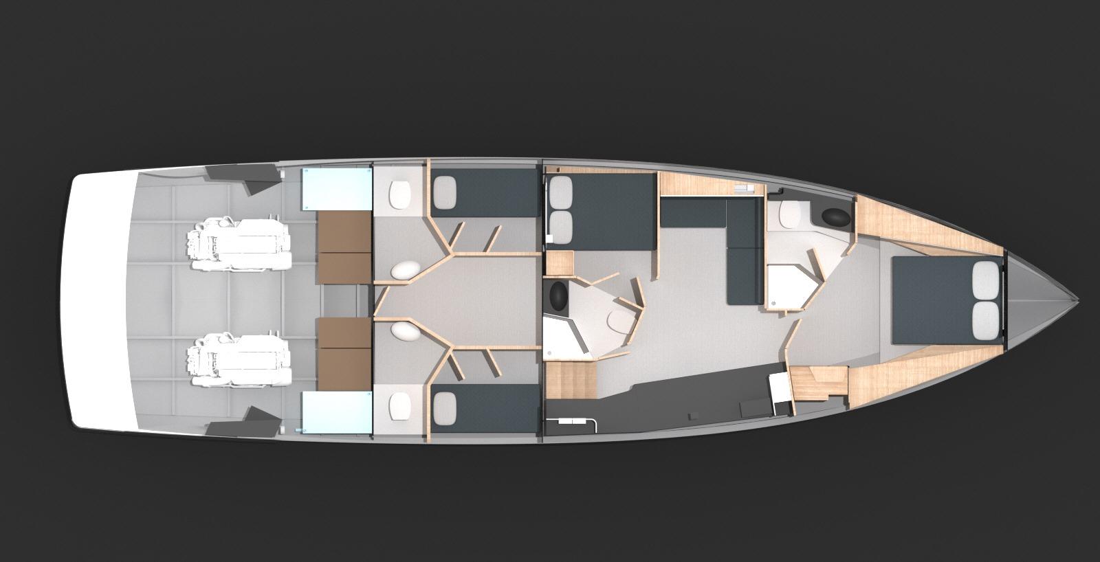 Top view of 2026 Phantom Spook 62 yacht interior layout, featuring cabins and amenities.