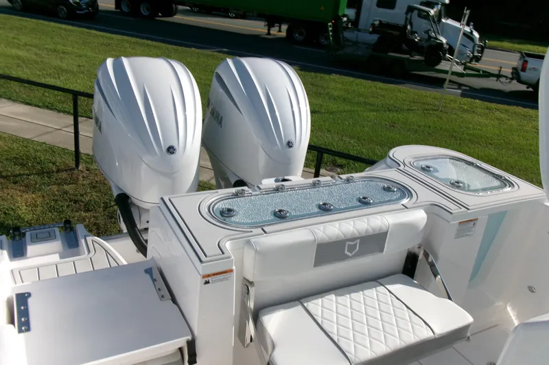 Look At This Boat! Wow! Yacht Photos Pics 2026 Sea Fox 288 Commander boat with dual Yamaha outboard engines and seating area.