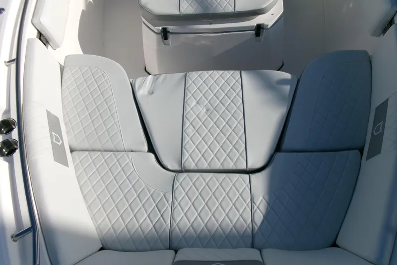 Look At This Boat! Wow! Yacht Photos Pics Luxurious seating on 2026 Sea Fox 288 Commander boat, featuring quilted upholstery design.