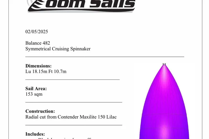 Gtfo Yacht Photos Pics Balance 482 Symmetrical Cruising Spinnaker, 2023 model, lilac sail, 153 sqm area, radial cut.