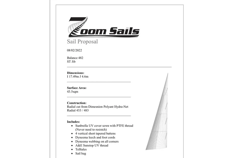 Gtfo Yacht Photos Pics Sail proposal document for Balance 482 model, featuring dimensions and construction details.