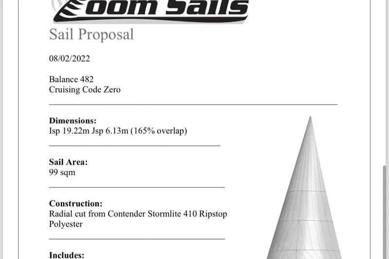 Gtfo Yacht Photos Pics Sail proposal for Balance 482, featuring Cruising Code Zero, 99 sqm sail area.