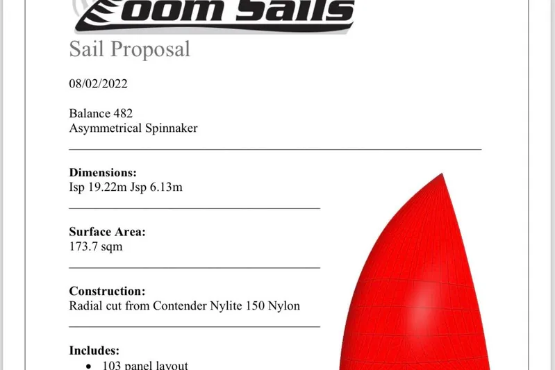 Gtfo Yacht Photos Pics Sail proposal for Balance 482, featuring asymmetrical spinnaker with red design and technical specifications.