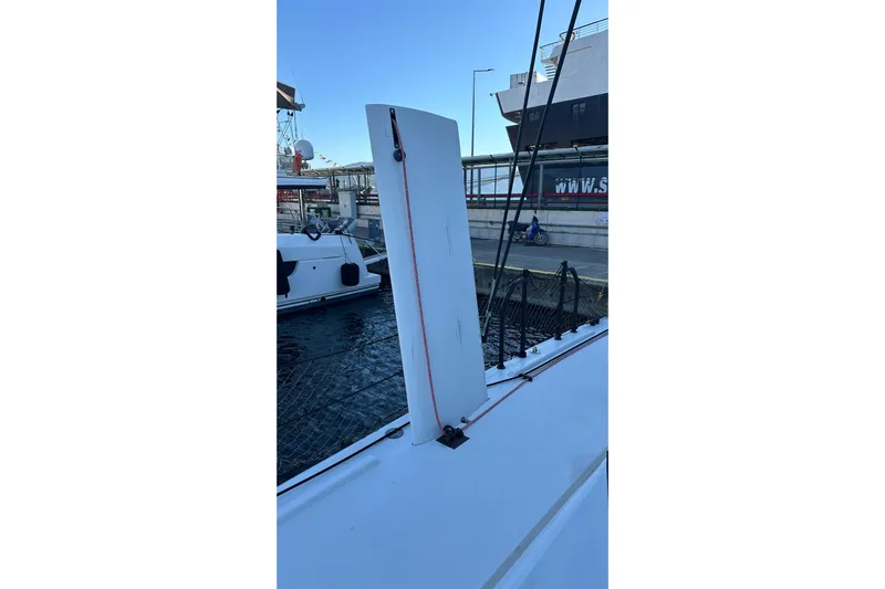 Gtfo Yacht Photos Pics Sailboat deck with raised daggerboard, Balance 482 model, 2023, docked at marina.
