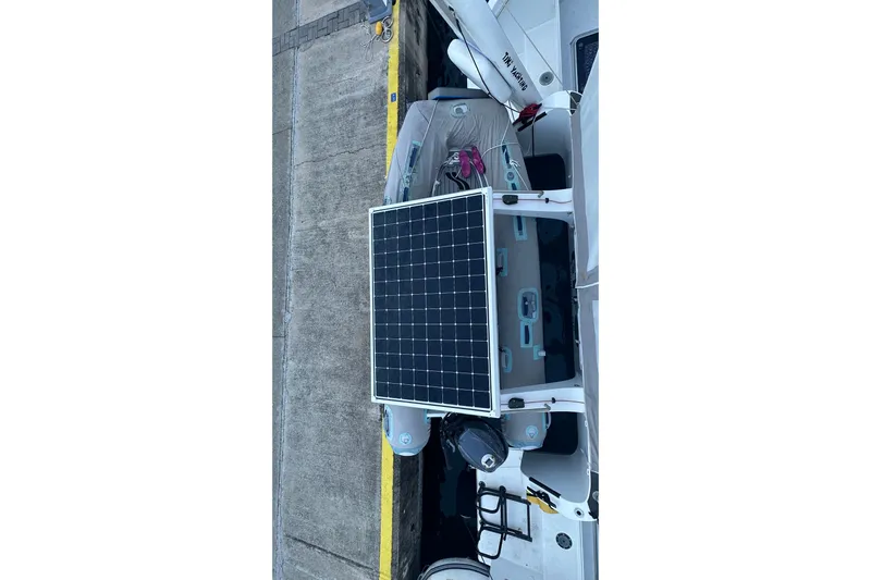 Gtfo Yacht Photos Pics Aerial view of Balance 482 boat with solar panel, docked at marina, 2023 model.