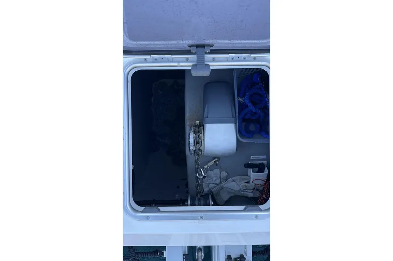 Gtfo Yacht Photos Pics Open storage compartment of Balance 482 boat, showing equipment and accessories, 2023 model.
