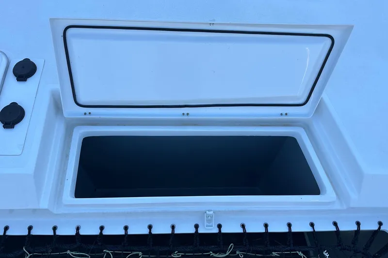 Gtfo Yacht Photos Pics Open storage compartment on a 2023 Balance 482 boat deck.