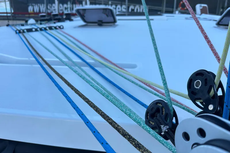 Gtfo Yacht Photos Pics Colorful ropes and pulleys on a 2023 Balance 482 sailboat deck.