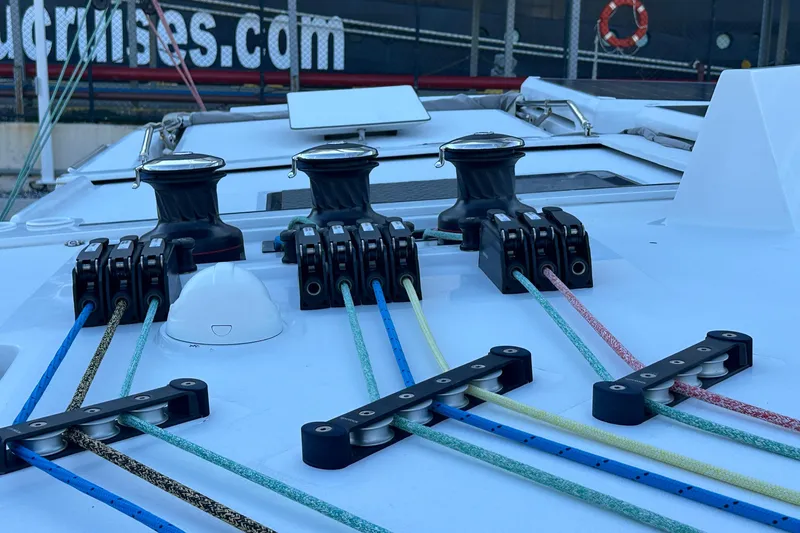 Gtfo Yacht Photos Pics Deck of Balance 482 yacht with colorful ropes and winches, 2023 model.