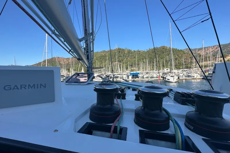 Gtfo Yacht Photos Pics Sailboat deck view with Garmin equipment, Balance 482 model, marina background, 2023.