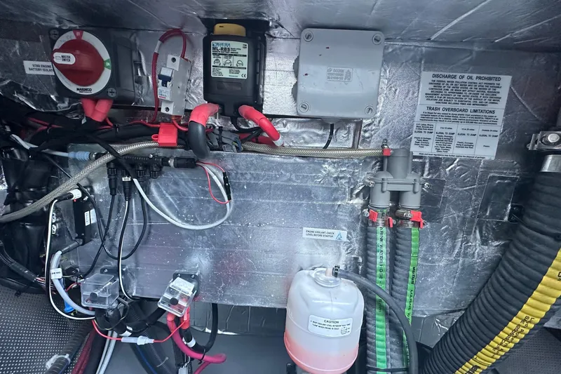 Gtfo Yacht Photos Pics Electrical system components in a Balance 482, 2023 model, with wiring and safety labels.