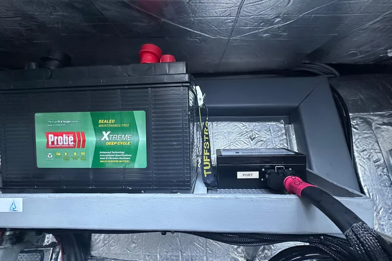 Gtfo Yacht Photos Pics Deep cycle battery setup in Balance 482 model, 2023, with labeled connections.