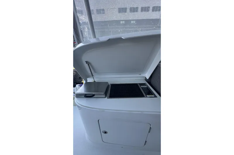 Gtfo Yacht Photos Pics Outdoor grill setup on Balance 482 yacht, 2023 model, with open lid and cooking area.
