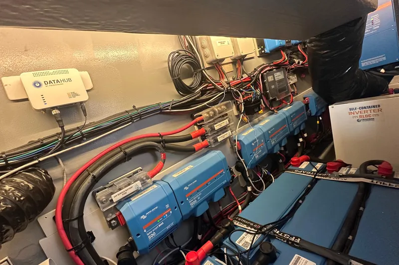 Gtfo Yacht Photos Pics Electrical system setup with Balance 482 components, featuring inverters and wiring, 2023 model.