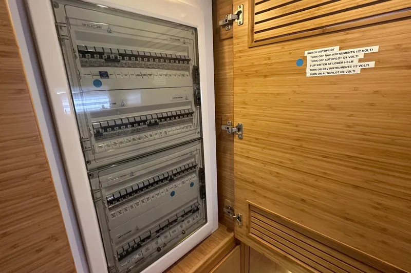 Gtfo Yacht Photos Pics Electrical panel inside a wooden cabinet, Balance 482 model, 2023.