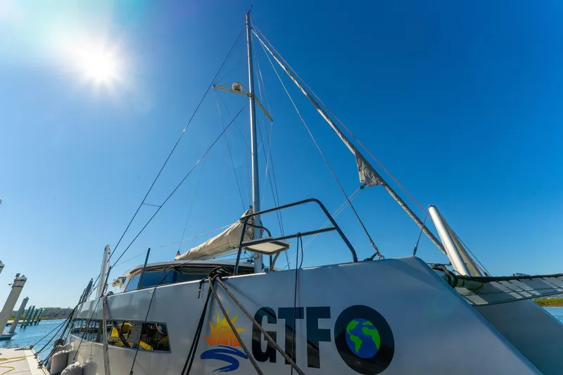 Gtfo Yacht Photos Pics Sailing catamaran Balance 482, 2024 model, docked under clear blue sky.