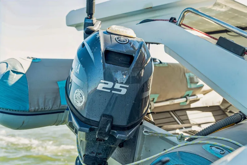 Gtfo Yacht Photos Pics Outboard motor on a Balance 482 boat, 2024 model, in a marine setting.