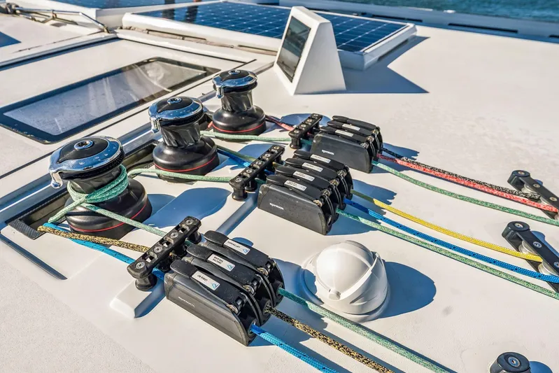 Gtfo Yacht Photos Pics Deck of 2024 Balance 482 yacht with winches, ropes, and solar panels.