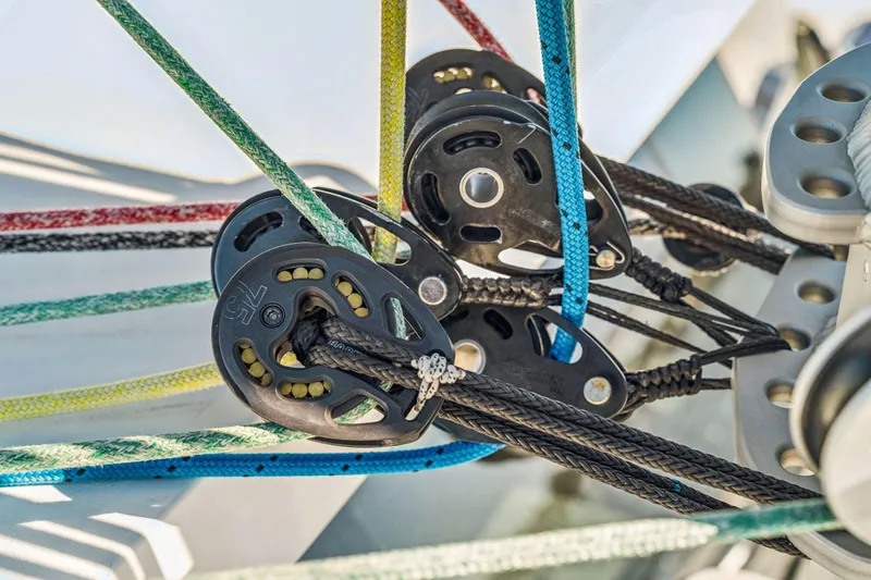 Gtfo Yacht Photos Pics Colorful ropes and pulleys on a Balance 482 sailboat, 2024 model.