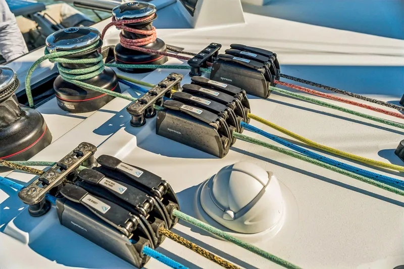 Gtfo Yacht Photos Pics Sailing yacht deck with colorful ropes and winches, Balance 482 model, 2024.