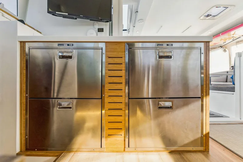 Gtfo Yacht Photos Pics Stainless steel drawers in a modern kitchen on a 2024 Balance 482 yacht.