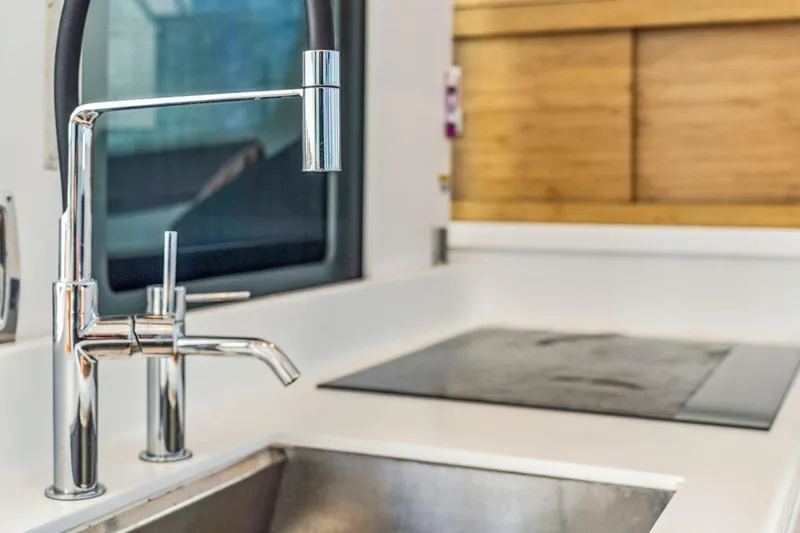 Gtfo Yacht Photos Pics Modern kitchen sink with chrome faucet in Balance 482, 2024 model.