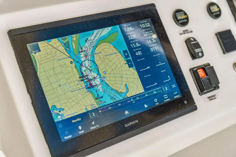 Gtfo Yacht Photos Pics Boat navigation system displaying a detailed map on a Garmin screen, Balance 482, 2024 model.