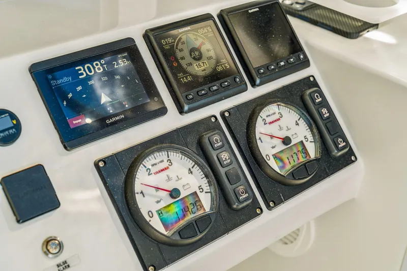 Gtfo Yacht Photos Pics Control panel of 2024 Balance 482 with Garmin displays and Yanmar gauges.