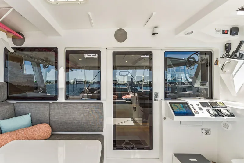 Gtfo Yacht Photos Pics Interior of 2024 Balance 482 yacht with modern navigation controls and comfortable seating.