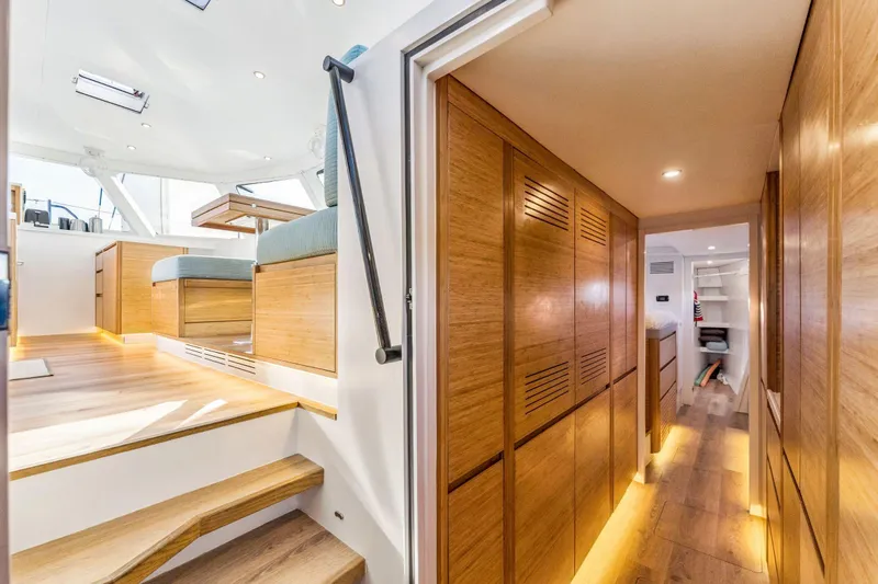 Gtfo Yacht Photos Pics Luxurious interior of 2024 Balance 482 yacht with wooden finishes and modern design.