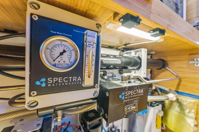 Gtfo Yacht Photos Pics Spectra Watermakers system in Balance 482, 2024 model, showing pressure gauge and flow meter.