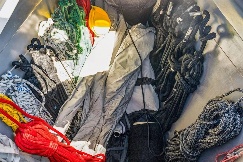Gtfo Yacht Photos Pics Storage compartment with colorful ropes and gear on a 2024 Balance 482 boat.