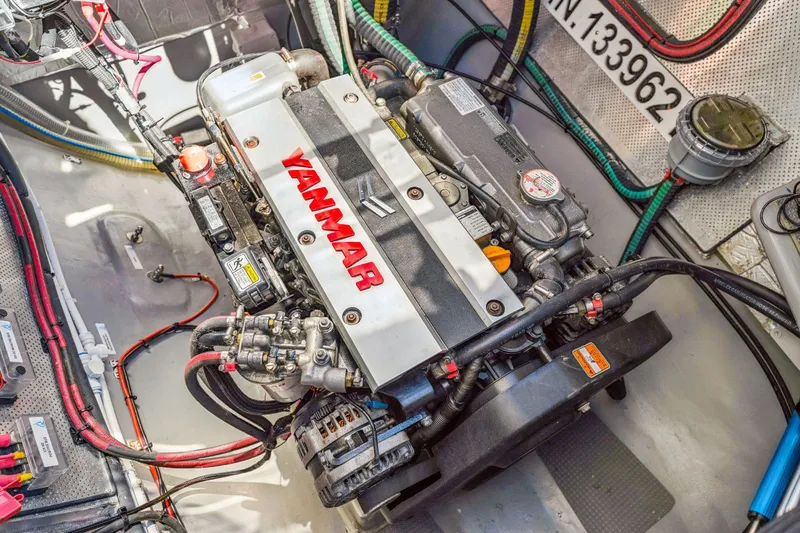 Gtfo Yacht Photos Pics Engine compartment of a 2024 Balance 482 with Yanmar engine, showcasing detailed components.