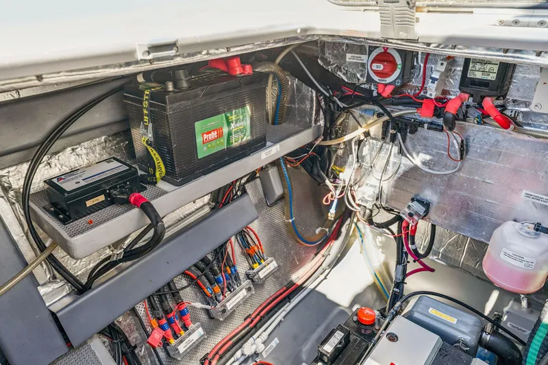 Gtfo Yacht Photos Pics Electrical system of Balance 482 model, 2024, showcasing battery and wiring setup.