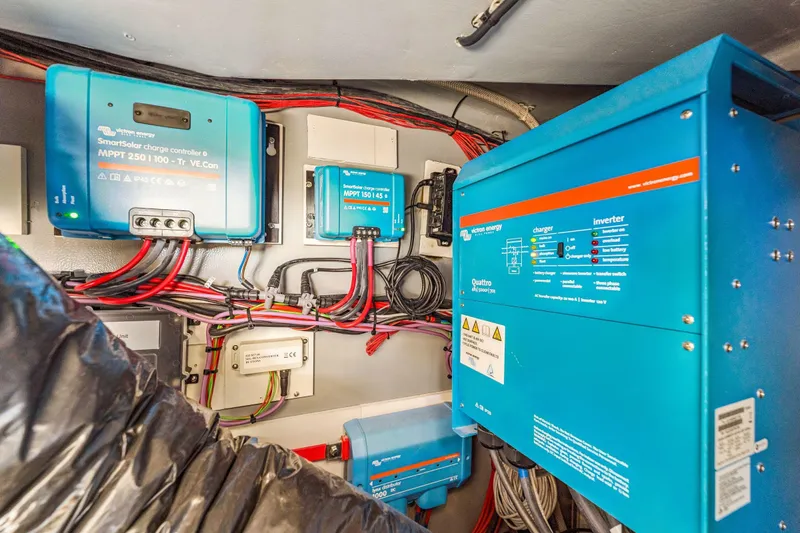 Gtfo Yacht Photos Pics Electrical system with Balance 482 model components, featuring charge controllers and inverter, 2024.