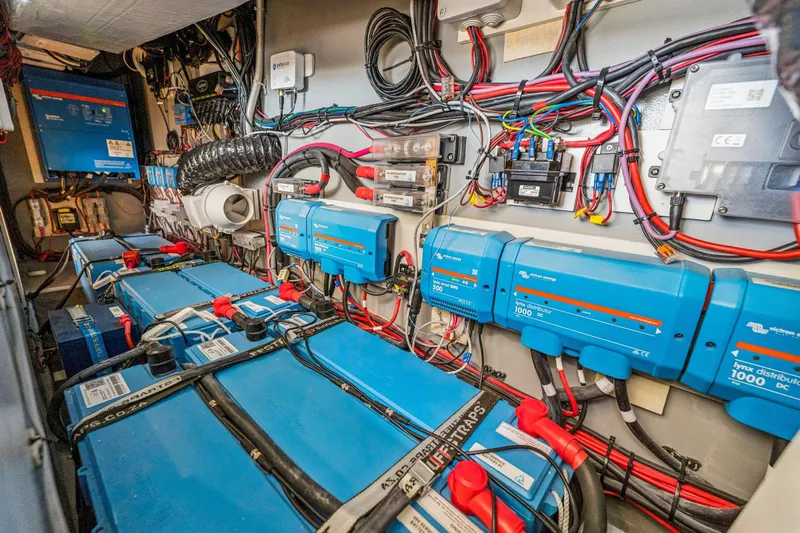 Gtfo Yacht Photos Pics Electrical system setup in a Balance 482 model, featuring batteries and wiring, 2024.