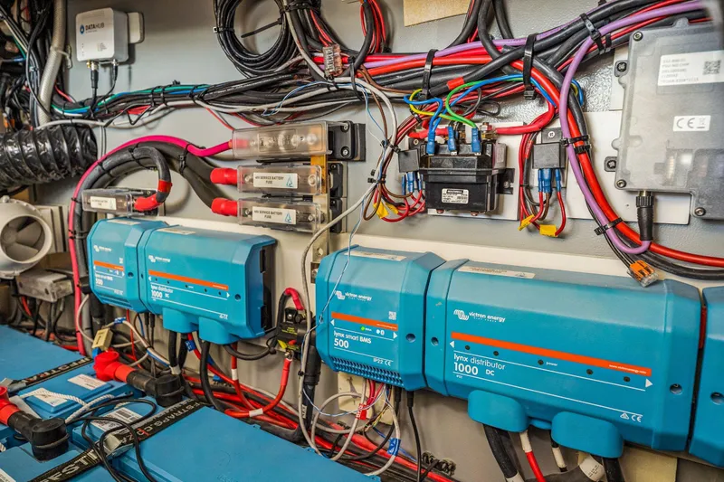 Gtfo Yacht Photos Pics Electrical system with Balance 482 model, 2024, featuring wiring and blue devices.