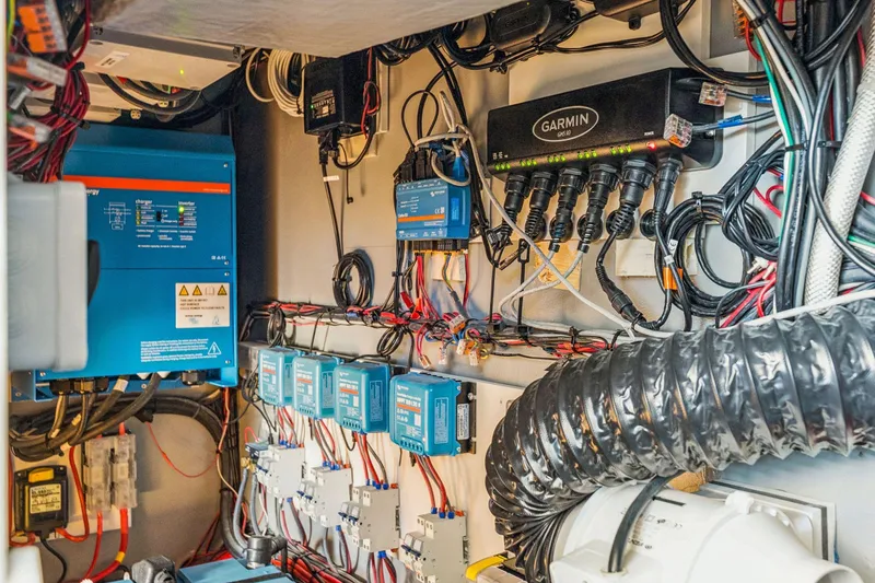 Gtfo Yacht Photos Pics Electrical system setup in a 2024 Balance 482 model, featuring wiring and equipment.