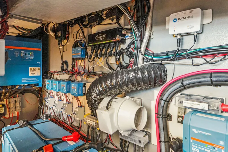 Gtfo Yacht Photos Pics Electrical system setup in a 2024 Balance 482 model, featuring wiring and control units.