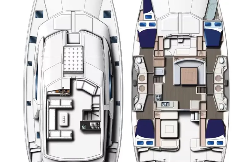 Southern Sky Yacht Photos Pics Floor plan of a 2018 Leopard 51 Powercat yacht, showcasing interior and deck layout.