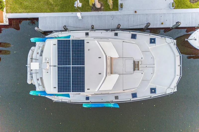 Southern Sky Yacht Photos Pics Overhead view of 2018 Leopard 51 Powercat with solar panels docked at marina.