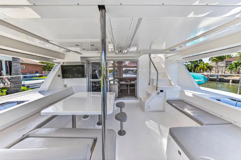 Southern Sky Yacht Photos Pics Spacious interior of 2018 Leopard 51 Powercat yacht with modern seating and large windows.