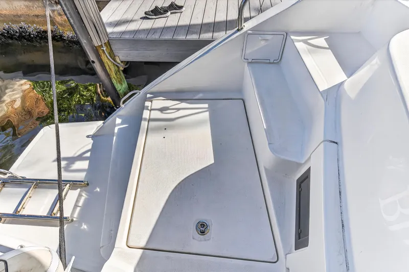 Southern Sky Yacht Photos Pics 2018 Leopard 51 Powercat deck area with seating and storage.