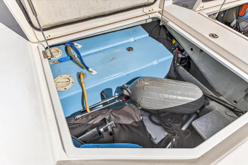 Southern Sky Yacht Photos Pics Engine compartment of 2018 Leopard 51 Powercat with blue tank and various components.