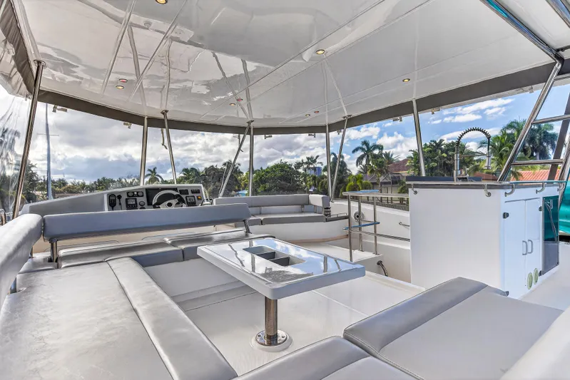 Southern Sky Yacht Photos Pics 2018 Leopard 51 Powercat interior with modern seating and outdoor views.